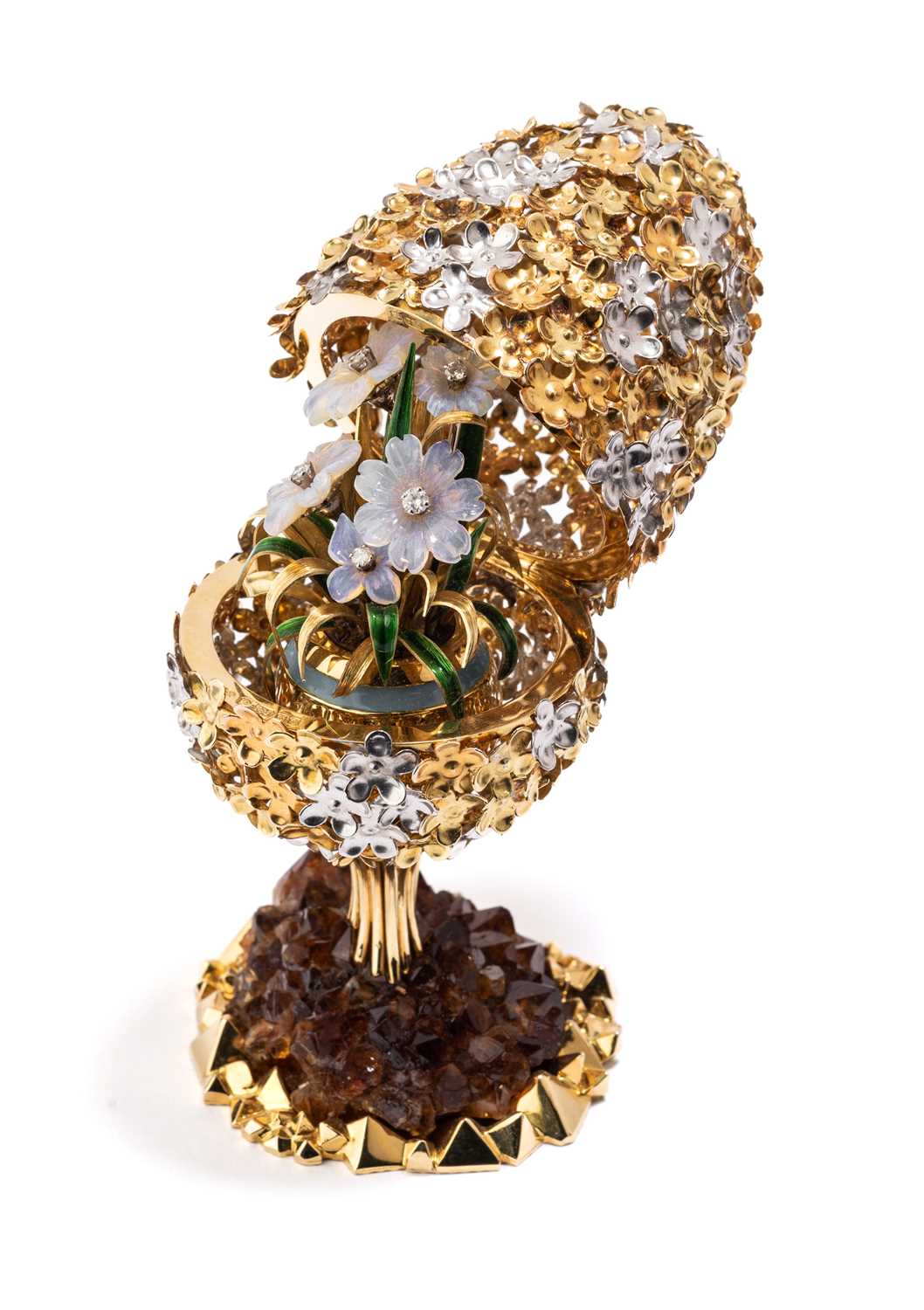 Lot 260 - A GOLD AND GEM-SET SURPRISE EGG ON STAND