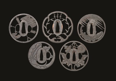 Lot 15 - FIVE JAPANESE IRON SWORD GUARDS (TSUBA)