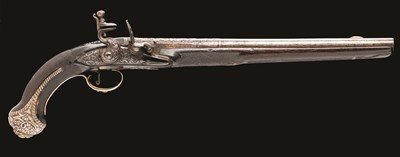 Lot 54 - A 22 BORE TURKISH SILVER-MOUNTED FLINTLOCK HOLSTER PISTOL
