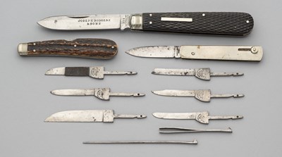 Lot 599 - A POCKET KNIFE WITH CONCEALED LOCKING MECHANISM, JOSEPH RODGERS & SONS, NO. 6 NORFOLK ST, SHEFFIELD AND A POCKET KNIFE WITH SIX INTERCHANGEABLE BLADES BY THE SAME MAKER, LATE 19TH CENTURY