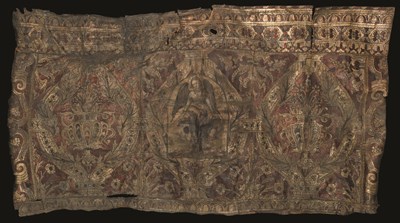 Lot 137 - A GILDED, PAINTED AND TOOLED LEATHER SECTIONAL PANEL, PROBABLY TYROLEAN, LATE 16TH CENTURY