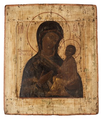 Lot 82 - AN ICON OF THE VIRGIN OF TIKHVIN (TIKHVINSKAYA), RUSSIAN, EARLY 18TH CENTURY