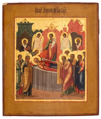 Lot 97 - AN ICON OF THE DORMITION OF THE VIRGIN, RUSSIAN, 19TH CENTURY