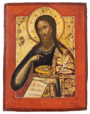 Lot 96 - AN ICON OF SAINT JOHN THE BAPTIST 'LAMB OF GOD', RUSSIAN, 19TH CENTURY