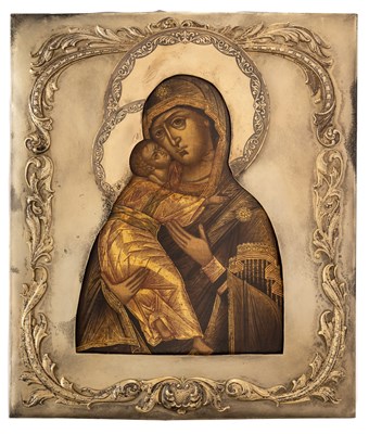 Lot 84 - AN ICON OF THE VIRGIN OF VLADIMIR (VLADIMIRSKAYA), RUSSIAN, 18TH CENTURY