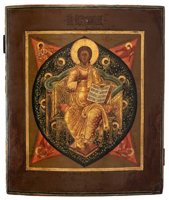 Lot 91 - AN ICON OF CHRIST ENTHRONED IN MAJESTY, RUSSIAN, 19TH CENTURY