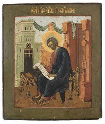 Lot 92 - AN ICON OF SAINT MARK WRITING IN THE GOSPEL, PALEKH SCHOOL, RUSSIAN, 19TH CENTURY