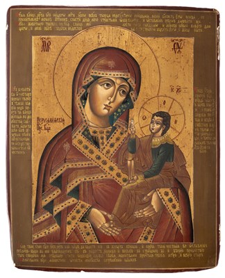 Lot 85 - AN ICON OF THE VIRGIN OF TIKHVIN (TIKHVINSKAYA), RUSSIAN, 18TH CENTURY