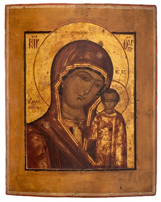 Lot 88 - AN ICON OF THE VIRGIN OF KAZAN (KAZANSKAYA), RUSSIAN, CIRCA 1800