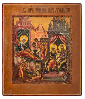 Lot 87 - AN ICON OF THE BIRTH OF THE VIRGIN, PALEKH SCHOOL, RUSSIAN, LATE 18TH CENTURY