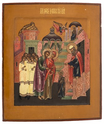 Lot 99 - AN ICON OF THE PRESENTATION OF THE VIRGIN IN THE TEMPLE, RUSSIAN, MID-19TH CENTURY