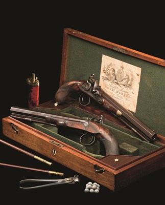 Lot 368 - A CASED PAIR OF 40 BORE FLINTLOCK DUELLING PISTOLS BY JOSEPH MANTON