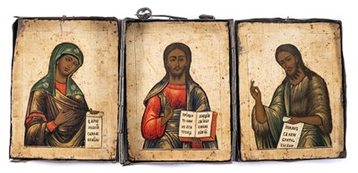 Lot 103 - A PORTABLE TRIPTYCH DEPICTING THE DEESIS, RUSSIAN, 19TH CENTURY