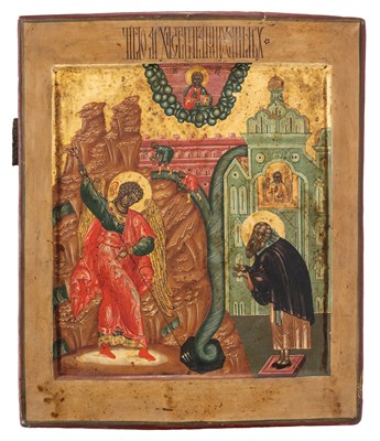 Lot 104 - AN ICON OF THE MIRACLE OF ARCHANGEL MICHAEL AT CHONAE, RUSSIAN, 19TH CENTURY