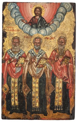 Lot 105 - AN ICON OF THREE BISHOPS, GREEK, EARLY 18TH CENTURY