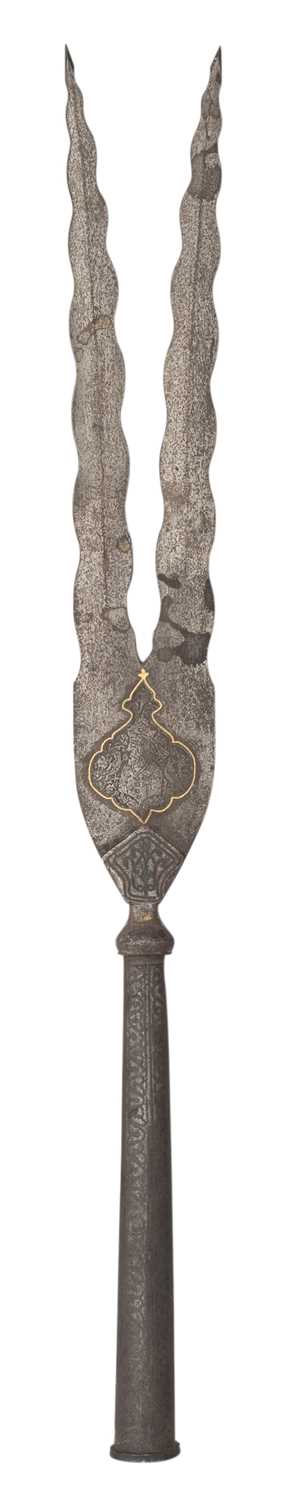 Lot 130 - A PERSIAN TWO-PRONGED SPEAR, QAJAR, LATE 19TH CENTURY