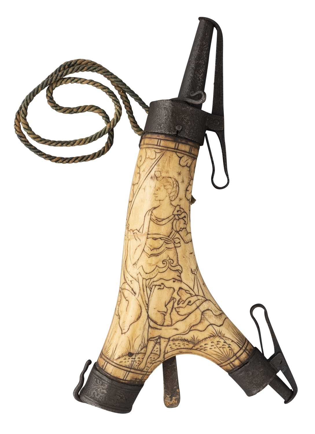 Lot 244 - A GERMAN ENGRAVED STAGHORN POWDER-FLASK, LATE 16TH CENTURY