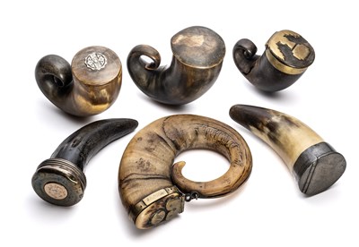 Lot 279 - A GROUP OF SIX HORN SNUFF MULLS, SCOTTISH, 19TH CENTURY