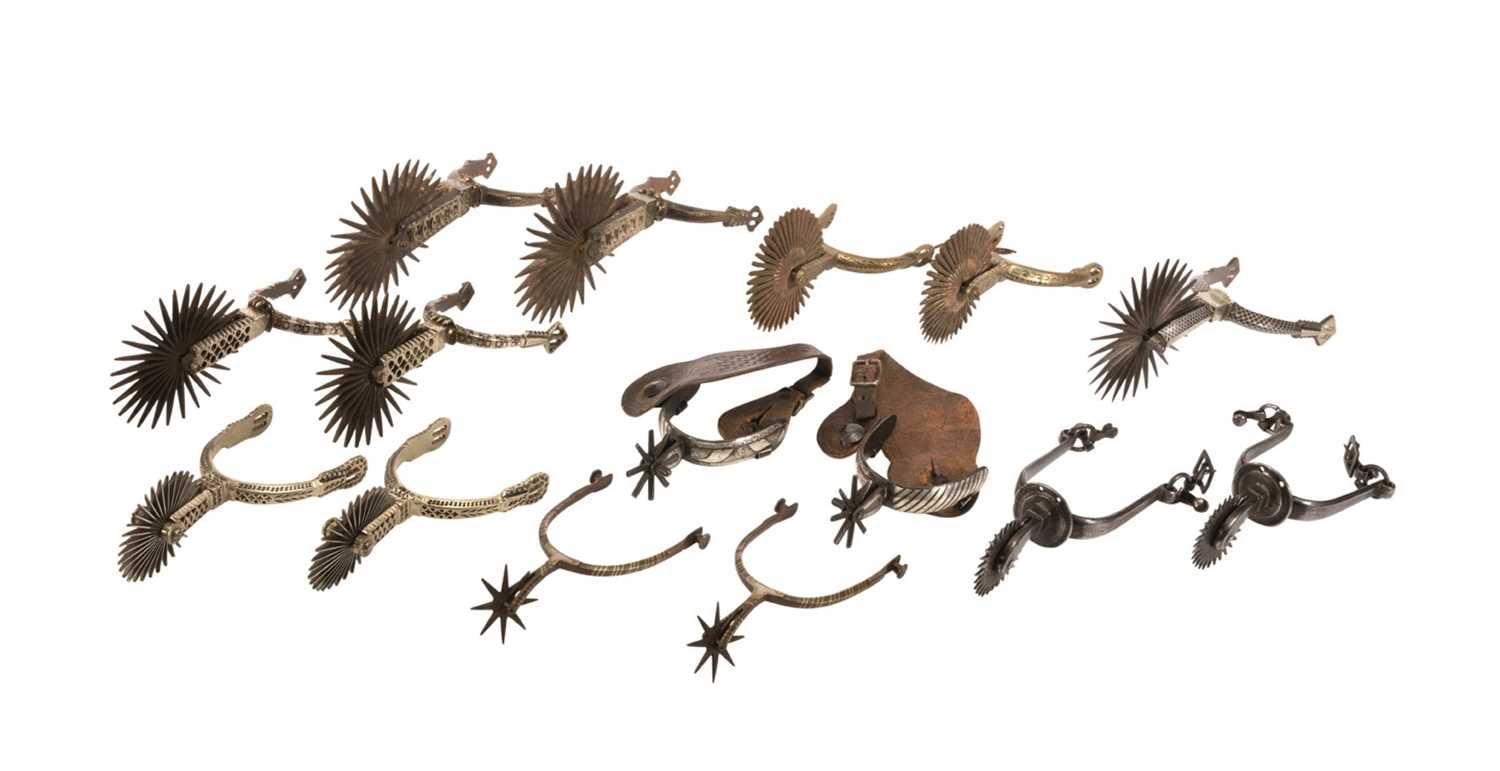 Lot 90 - SEVEN PAIRS OF MEXICAN ROWEL SPURS AND A SINGLE MEXICAN ROWEL SPUR