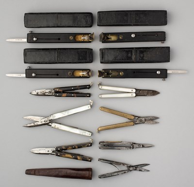 Lot 632 - FOUR JOSEPH RODGERS PATENT QUILL MACHINES AND SEVEN POCKET MANICURE SETS, LATE 19TH/EARLY 20TH CENTURY