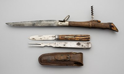 Lot 541 - A HUNTING LOCK KNIFE AND A COMBINED KNIFE AND FORK SET, SECOND HALF OF THE 19TH CENTURY