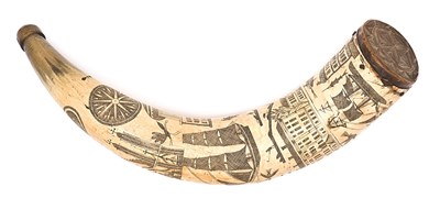 Lot 311 - A FINELY ENGRAVED POWDER HORN