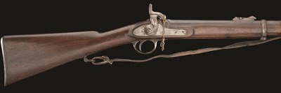 Lot 340 - A .577 CALIBRE PERCUSSION TWO BAND 1856 PATTERN ENFIELD SHORT RIFLE BY HOLLIS AND SHEATH