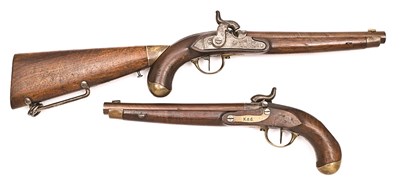 Lot 348 - A RARE PAIR OF .650 CALIBRE HANOVERIAN MODEL 1818/43 RIFLED PERCUSSION CAVALRY PISTOLS