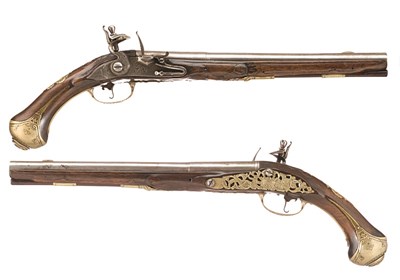 Lot 390 - A PAIR OF 18 BORE CONTINENTAL FLINTLOCK HOLSTER PISTOLS