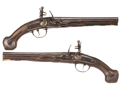 Lot 392 - A PAIR OF 25 BORE FLINTLOCK HOLSTER PISTOLS WITH LEFT-AND RIGHT-HAND LOCKS BY A DU COMMUN WARWICK