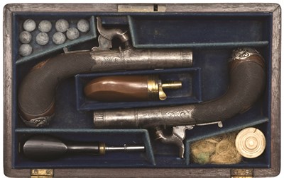 Lot 397 - A CASED PAIR OF 40 BORE SILVER-MOUNTED PERCUSSION POCKET PISTOLS SIGNED SMITH