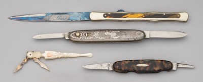 Lot 570 - FOUR DECORATED ENGLISH POCKET KNIVES, LATE 19TH/EARLY 20TH CENTURY