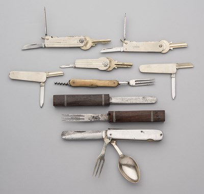 Lot 544 - FIVE KEY KNIVES AND A THREE EATING UTENSILS, 20TH CENTURY