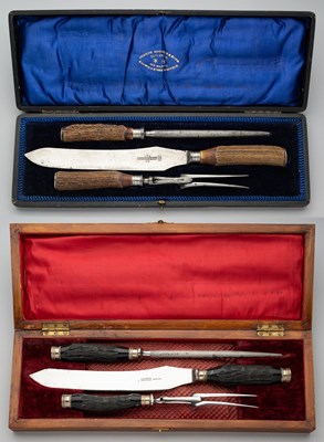 Lot 629 - A CASED SET OF CARVING KNIVES, JOSEPH RODGERS & SONS, CUTLERS TO HIS MAJESTY, SHEFFIELD, EARLY 20TH CENTURY AND ANOTHER