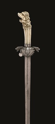 Lot 304 - A DUTCH HUNTING SWORD WITH CARVED IVORY HILT