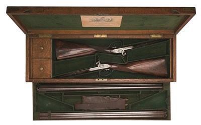 Lot 434 - **A CASED PAIR OF 12 BORE D.B. PERCUSSION SPORTING GUNS MADE FOR THE EARL OF LICHFIELD