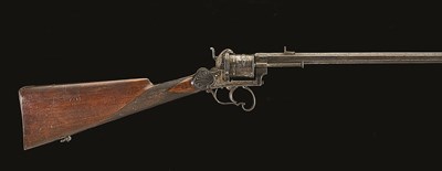 Lot 440 - A 54 BORE BELGIAN PIN-FIRE REVOLVING CARBINE