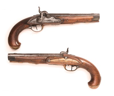 Lot 484 - A PAIR OF 20 BORE FRENCH PERCUSSION OFFICER'S PISTOLS BY REUHL