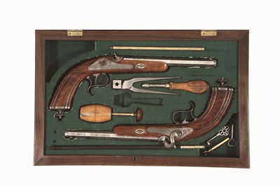 Lot 489 - A PAIR OF GERMAN RIFLED PERCUSSION TARGET PISTOLS BY CARL SCHMIDT IN KÃœHNDORF B. SUHL