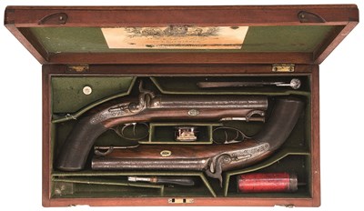 Lot 496 - A CASED PAIR OF 16 BORE D.B. PERCUSSION OFFICER'S PISTOLS BY JOSEPH LANG