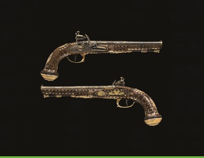 Lot 508 - AN EXCEPTIONAL PAIR OF 32 BORE FRENCH FLINTLOCK RIFLED PISTOLS OF PRESENTATION QUALITY
