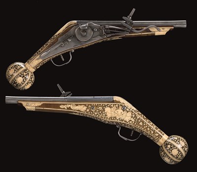 Lot 512 - A PAIR OF GERMAN WHEEL-LOCK PUFFER PISTOLS
