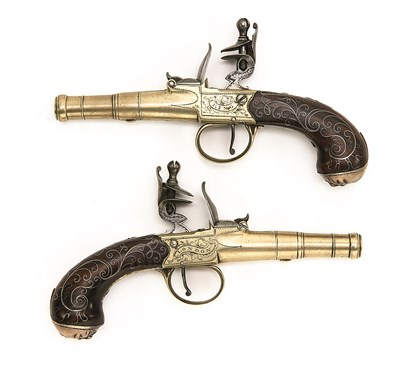 Lot 516 - A PAIR OF 80 BORE FLINTLOCK POCKET PISTOLS WITH TUTENAG BARRELS AND ACTIONS BY KING