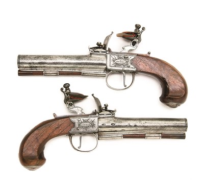Lot 519 - A PAIR OF 32 BORE SILVER-MOUNTED FLINTLOCK TRAVELLING PISTOLS BY E. BOND