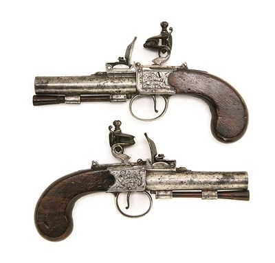 Lot 523 - A RARE PAIR OF 50 BORE FLINTLOCK POCKET PISTOLS BY TWIGG & BASS