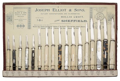 Lot 224 - A SALESMAN’S DISPLAY OF SEVENTEEN POCKET KNIVES, JOSEPH ELLIOTT & SONS, SHEFFIELD, LATE 19TH/EARLY 20TH CENTURY