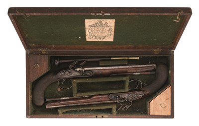 Lot 573 - **A CASED PAIR OF 20 BORE FLINTLOCK DUELLING PISTOLS BY SAMUEL BRUNN