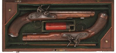 Lot 574 - **A CASED PAIR OF 18 BORE FLINTLOCK OFFICER'S PISTOLS SIGNED GOODWIN & CO