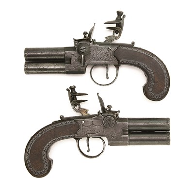 Lot 580 - **A PAIR OF 54 BORE SILVER-MOUNTED OVER-AND-UNDER FLINTLOCK TAP-ACTION PISTOLS BY WILSON