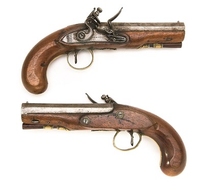 Lot 581 - **A PAIR OF IRISH 14 BORE FLINTLOCK TRAVELLING PISTOLS BY WHITNEY